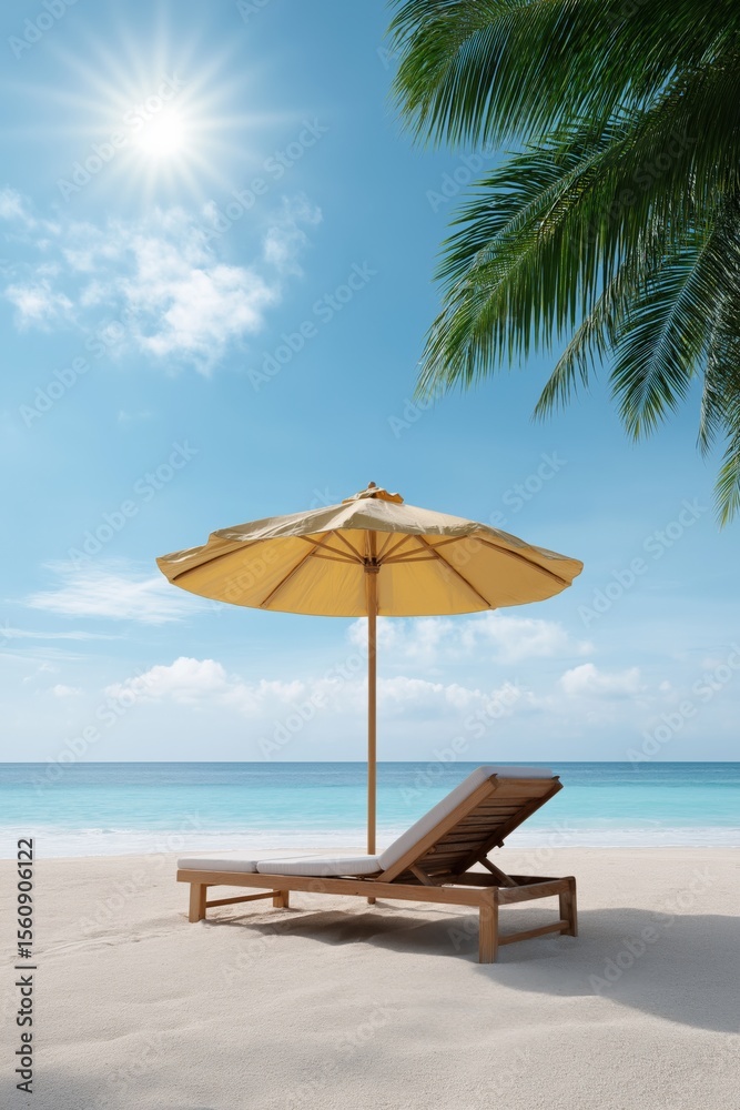Obraz premium Serene tropical beach with sun-lounger and umbrella under clear blue sky