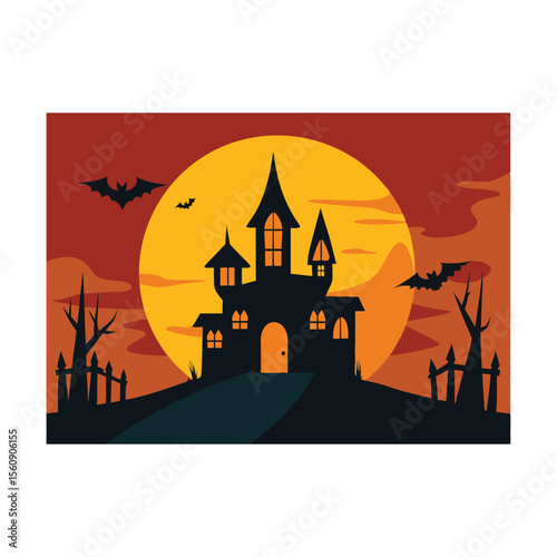Spooky Halloween night with a haunted castle, silhouetted trees, and flying bats under a glowing moon, perfect for an October horror design