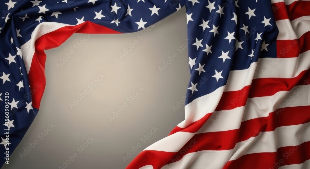 Fototapeta premium American Flag Draped Border on Grey Background with Copy Space