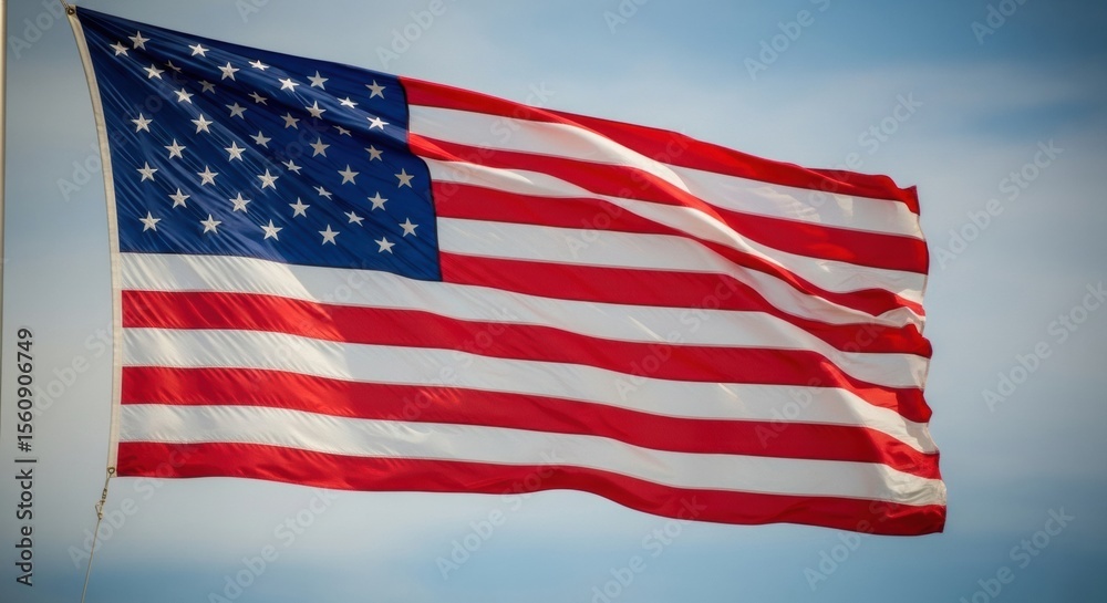 Obraz premium United States Flag Waving on a Pole Against a Light Blue Sky