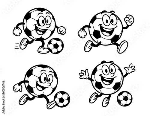Four cartoon soccer balls with arms, legs, and faces, each in a different pose.