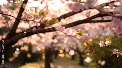 Blossoming cherry blossoms in gentle sunlight creating a dreamy springtime aesthetic with bokeh effects and soft colors