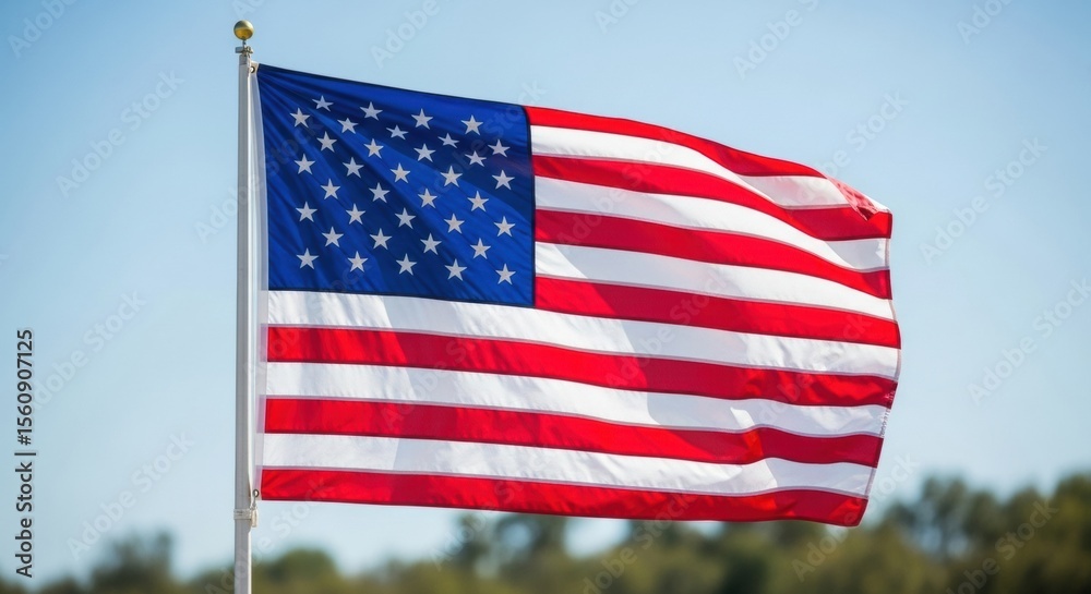 Obraz premium American Flag Waving Against a Clear Sky with Distant Trees