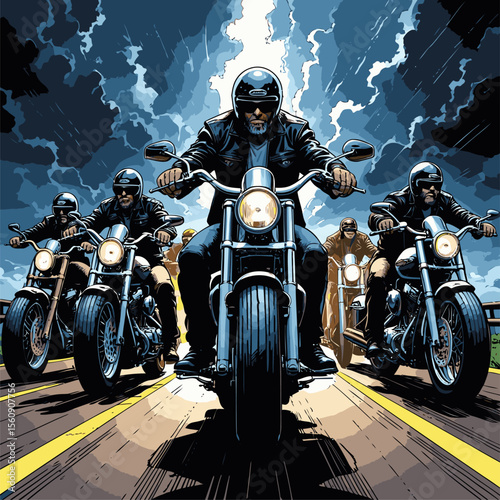 vector of several motorcyclists on the highway