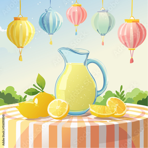 Refreshing lemonade pitcher with sliced lemons on a checkered tablecloth, surrounded by colorful lanterns, evoking a cheerful summer atmosphere and outdoor enjoyment
