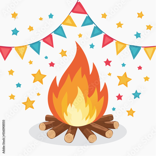 Colorful festive scene featuring a vibrant bonfire surrounded by decorative flags and stars, capturing the joyful spirit of a traditional celebration Festa Junina in June