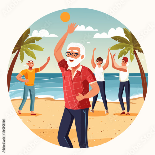 Elderly man in colorful shirt teaching dance class on beach, surrounded by young people enjoying summer, vibrant atmosphere, joyful movement and connection