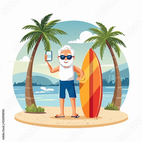 Elderly man with white beard and sunglasses holds smartphone while standing beside colorful surfboard on sandy beach surrounded by palm trees and ocean view, showcasing vibrant lifestyle