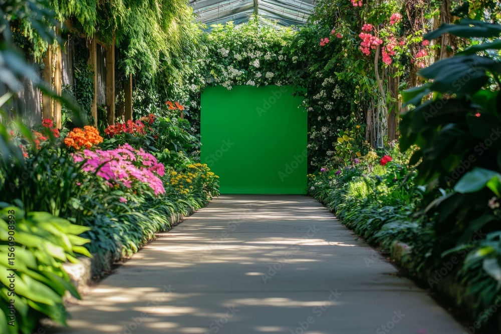 Fototapeta premium Green screen pathway in lush park setting for creative banner or mockup use