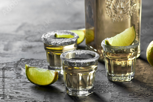 Three shot glasses filled with golden tequila, garnished with lime wedges, arranged on the grey table, creating a festive atmosphere for celebration and enjoyment