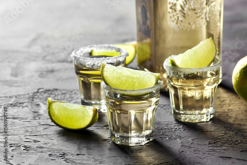 Three shot glasses filled with golden tequila, garnished with lime wedges, arranged on a on the grey table, creating a vibrant and festive atmosphere for celebration
