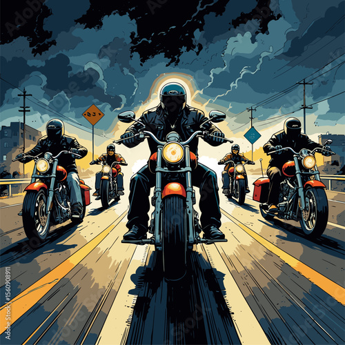 vector of several motorcyclists on the highway