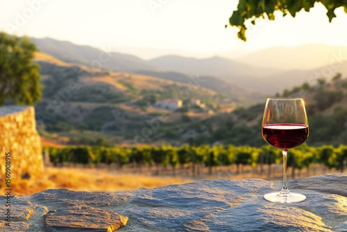  Scenic Cyprus vineyard with glass of red wine, luxury tasting experience amidst picturesque rolling hills