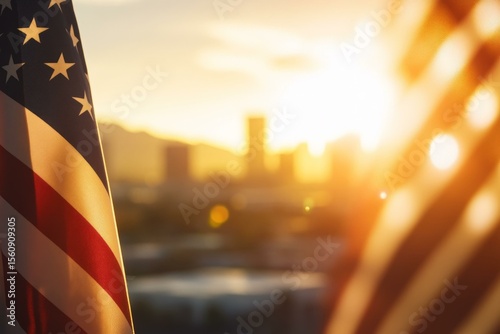  American flag at Phoenix sunset, celebrating Independence Day with vibrant city skyline glow on July 4th USA.