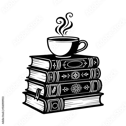 stack of books and cup of coffee vector