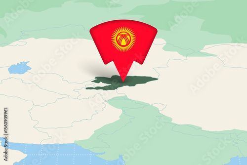 Kyrgyzstan Location Highlighted on Asian Map with Flag Icon. photo
