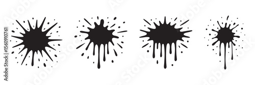 Black Ink Splatter and Drip Set in Grunge Style Isolated on White Background