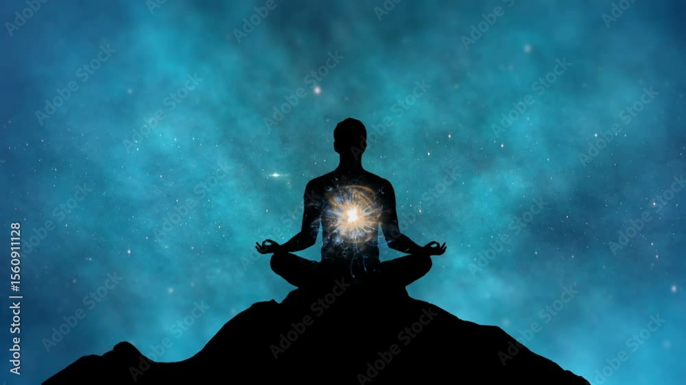 Meditative Silhouette with Cosmic Aura in Colorful Energy Field
