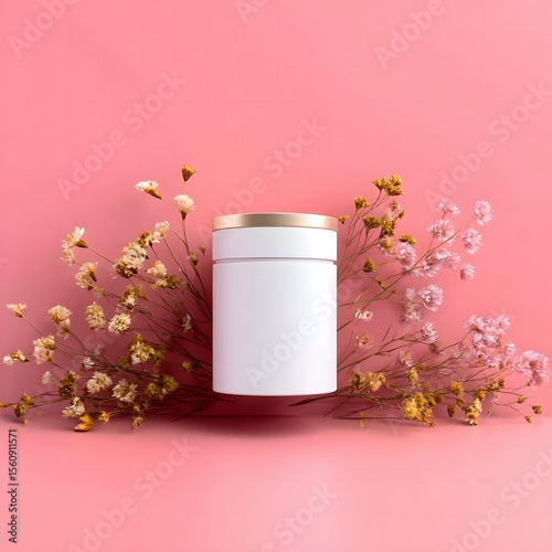 Product Bottle with Dried Flowers - Creative Still Life Photography with Soft Color Tones and Minimalist Design for E-commerce and Product Photography, Generative AI

