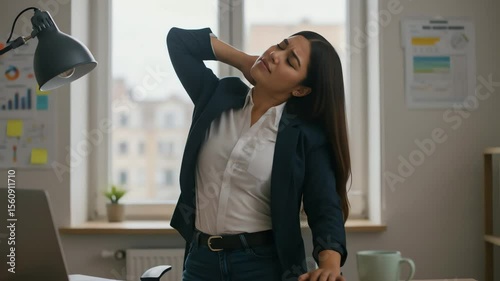Young woman stretching neck while sitting at desk in office setting  