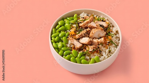 Edamame Chicken Bowl Food Photography - Healthy and Delicious Bowl with Chicken, Rice, and Edamame for Food Lovers and Healthy Eating, Generative AI
