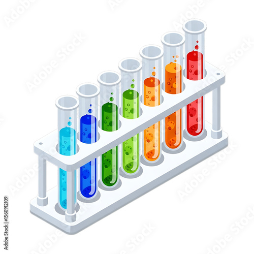 Colorful chemical test tubes in a lab rack.