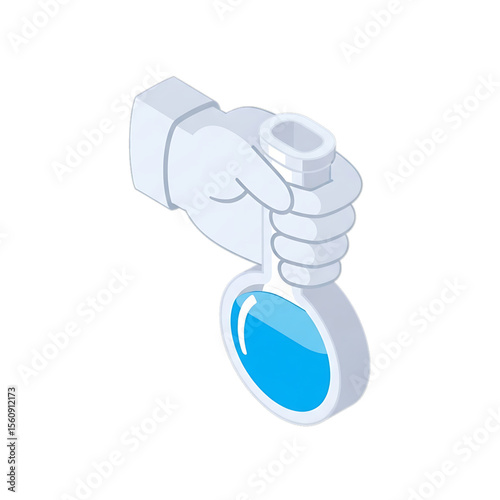 Hand holding a test flask with blue liquid.