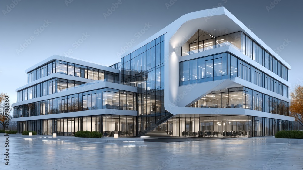 Fototapeta premium Modern Architectural Design: Sleek Glass and White Office Building Exterior