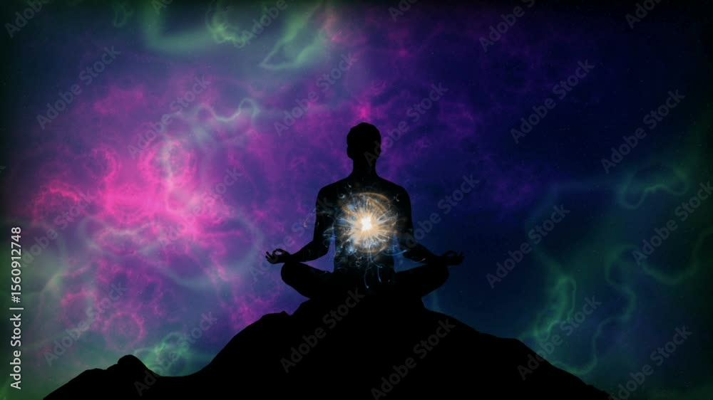 Meditative Silhouette with Cosmic Aura in Colorful Energy Field