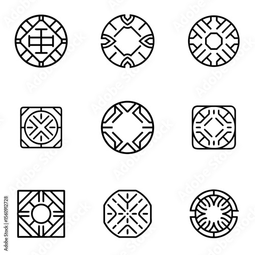 Art Deco manhole cover designs in black and white geometric patterns, vector, icons set   