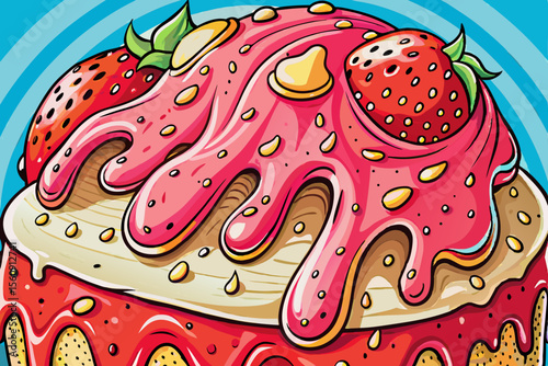 Melting strawberry ice cream dripping down a cone on a hot summer day, capturing sweet, fruity flavor and the refreshing joy of seasonal indulgence.