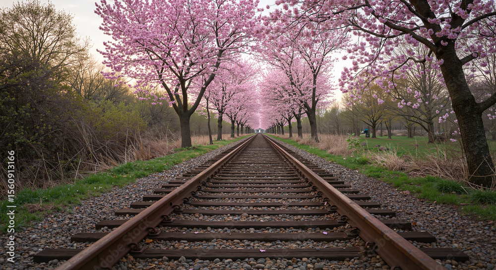 Fototapeta premium Cherry blossoms lining railway tracks in springtime landscape 