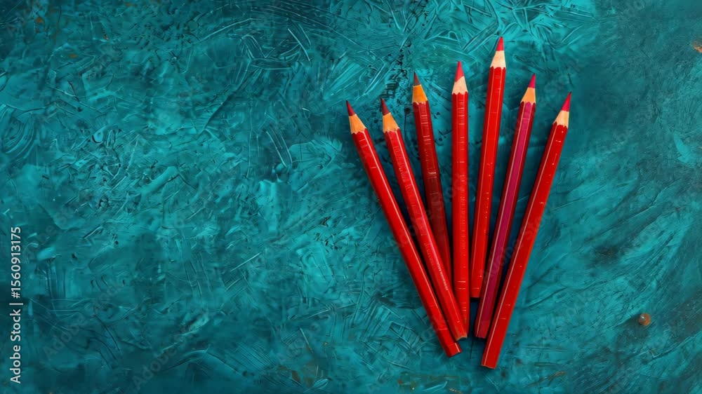 Scarlet Crayons Array: A set of red colored pencils, beautifully arranged, rests on a textured turquoise background. The image is a simple celebration of art.