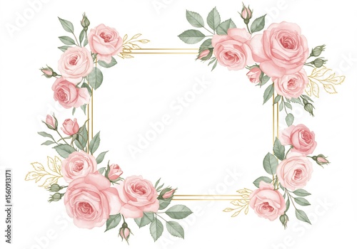 Elegant Watercolor Pink Roses Frame Gold Geometric Border, Floral Design, Wedding Invitation, Greeting Card Template