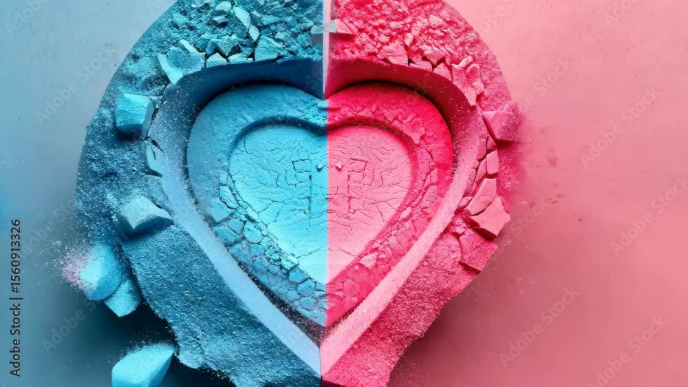 Gender Reveal Heart: A symbolic representation of new beginnings, this artful photograph showcases a split heart filled with pink and blue powder.