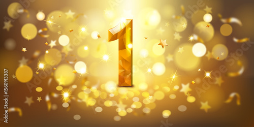 Golden number 1 with a faceted, gem-like appearance, set against a warm, golden background filled with soft bokeh lights and scattered golden stars, creating a festive and celebratory atmosphere.