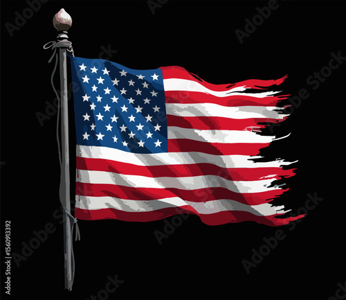 Vector design with decorative drawing of 
torn national flag of usa is fluttering in wind. 
Fashion t-shirt print. American pattern of stars 
and wavy stripes for textiles, fabric, clothing.

