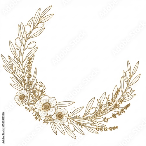 Elegant Botanical Half-Moon Wreath Illustration Gold Line Art Floral Design for Wedding Invitations, Branding, and More