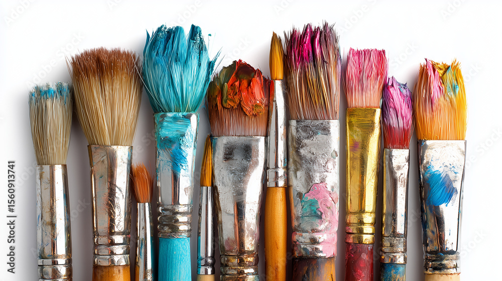 Fototapeta premium Paintbrushes with traces of color sit on a white surface, capturing the raw beauty of the creative process.