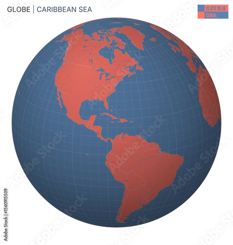 Vector Globe centered to Caribbean Sea. Slate Blue Coral palette. World map with meridians, parallels, countries, rivers and lakes. Vibrant vector illustration.