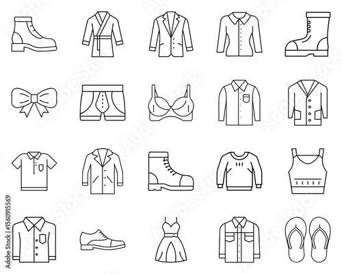 Clothing vector icon set featuring diverse apparel and accessories