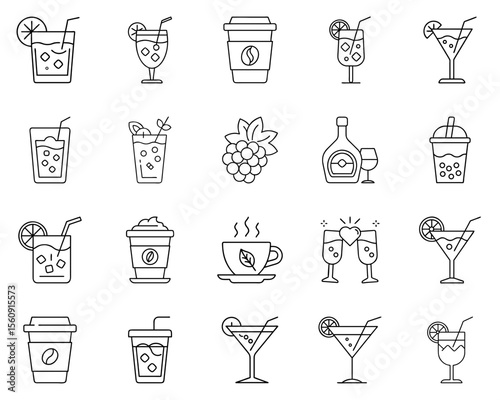Vector icon set of drinks featuring cocktails, coffee, and beverages