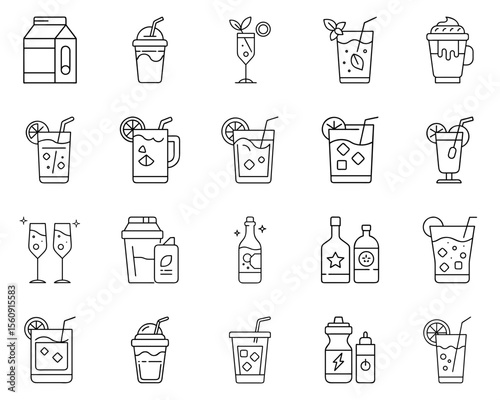 Vector icon set of drinks and beverages in black silhouette style