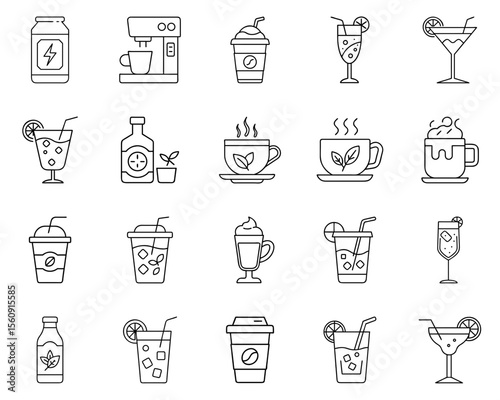 Vector icon set of drinks featuring various beverages and cups