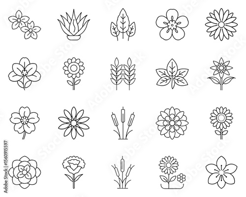 Vector icon set of flowers and leaves in black silhouette style