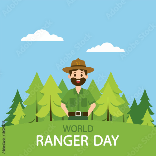 Ranger World Day forest landscape, vector art illustration.