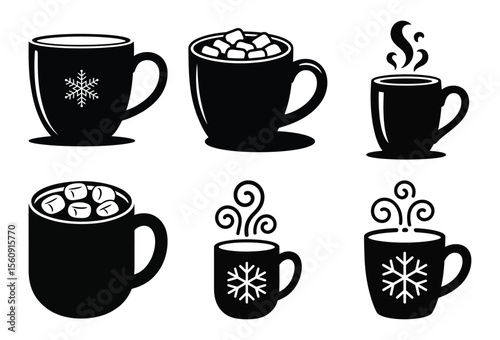 Collection of six hot beverage mugs with steam and snowflakes silhouette isolated on white background