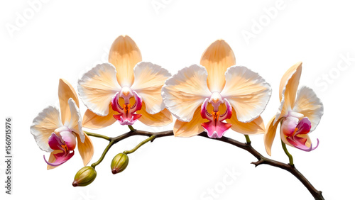 Watercolor orchid for girls — isolated impasto branch with peach flowers and violet centers in horizontal layout