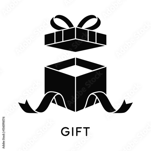 Open gift box with ribbon silhouette isolated on white background