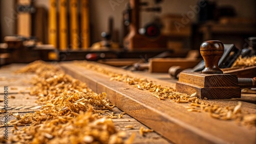 Woodworking tools and wood shavings on bench in traditional carpentry workshop